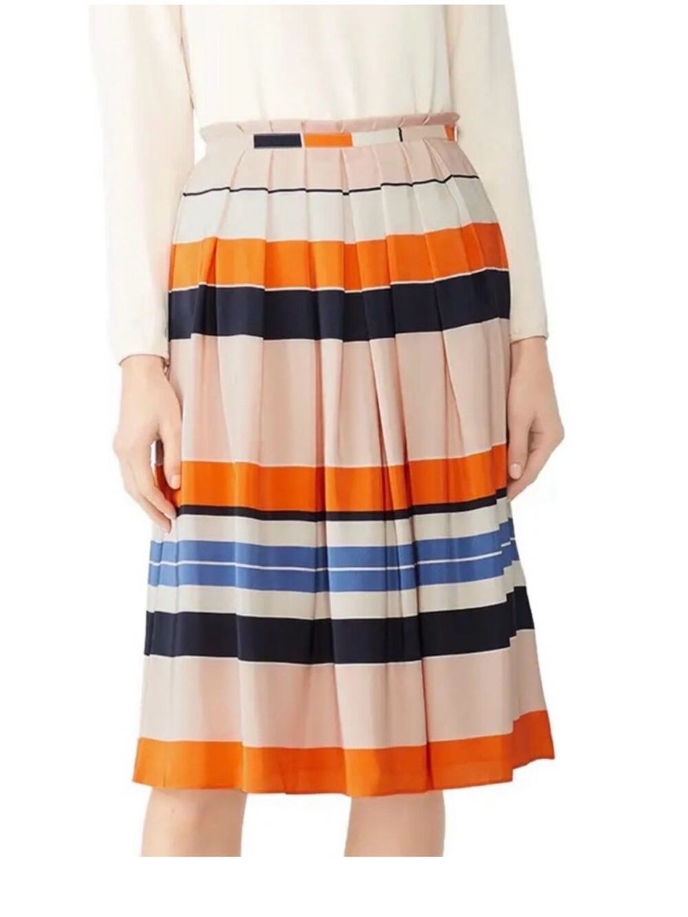 LK BENNETT Caitlyn Beige, Orange & Navy Striped Pleated Skirt